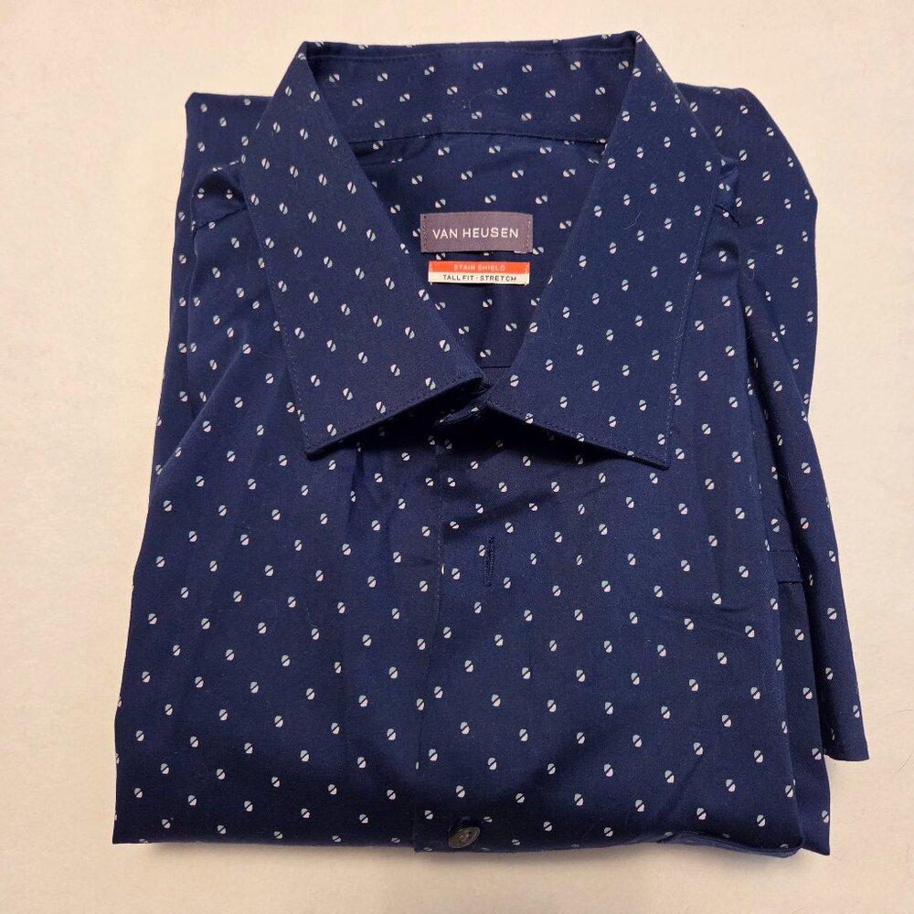 Van Heusen Long Sleeve 17.5 35/36 Navy Blue Tall Fit Stretch Stain Shield